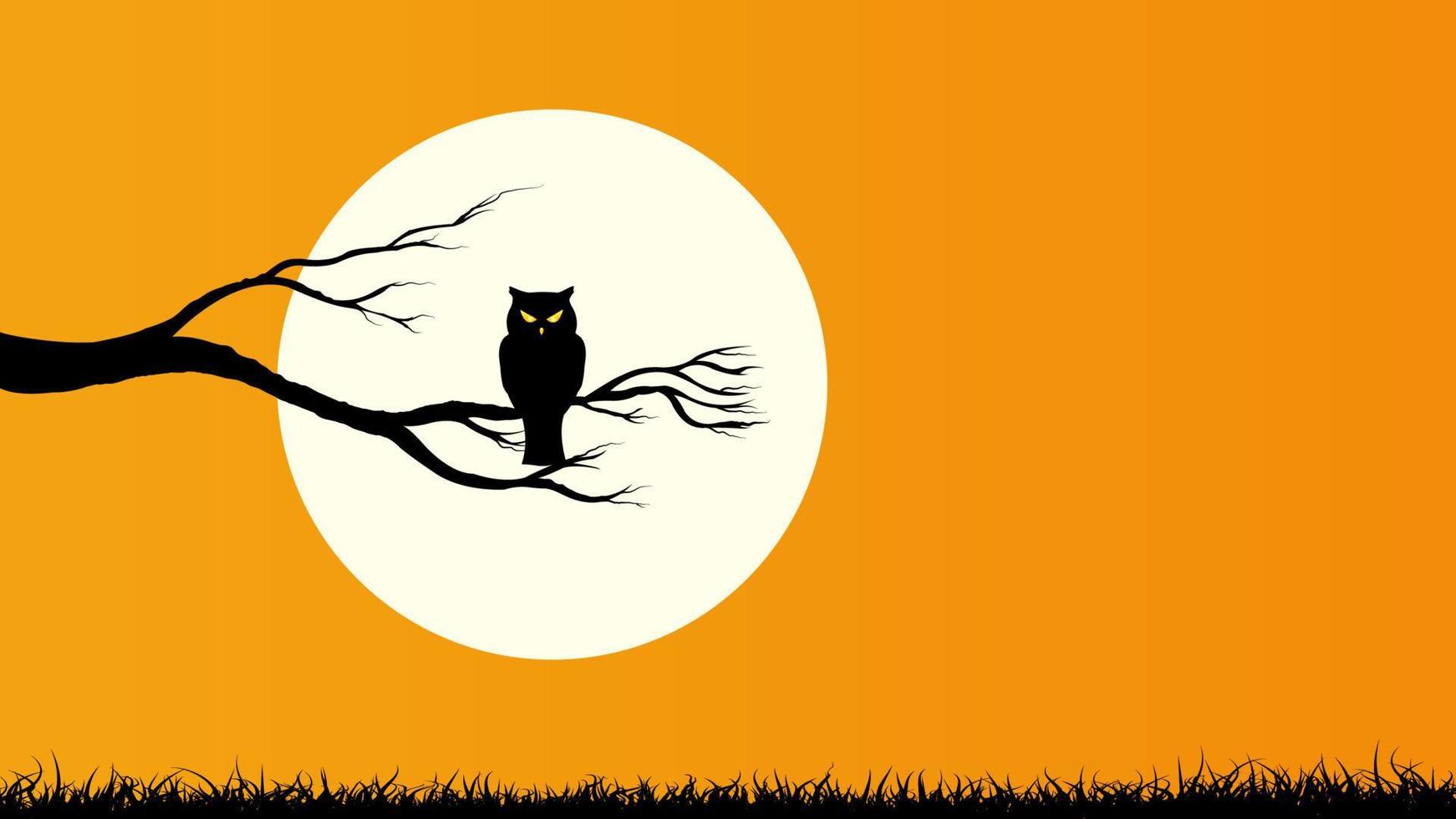 feliz halloween con búho sosteniendo la rama de un árbol y luna llena, fondo de color naranja vector