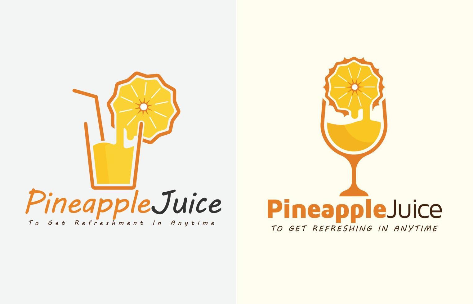 vector de juego de diseño de logotipo de jugo de fruta, jugo de bebida de piña con vidrio