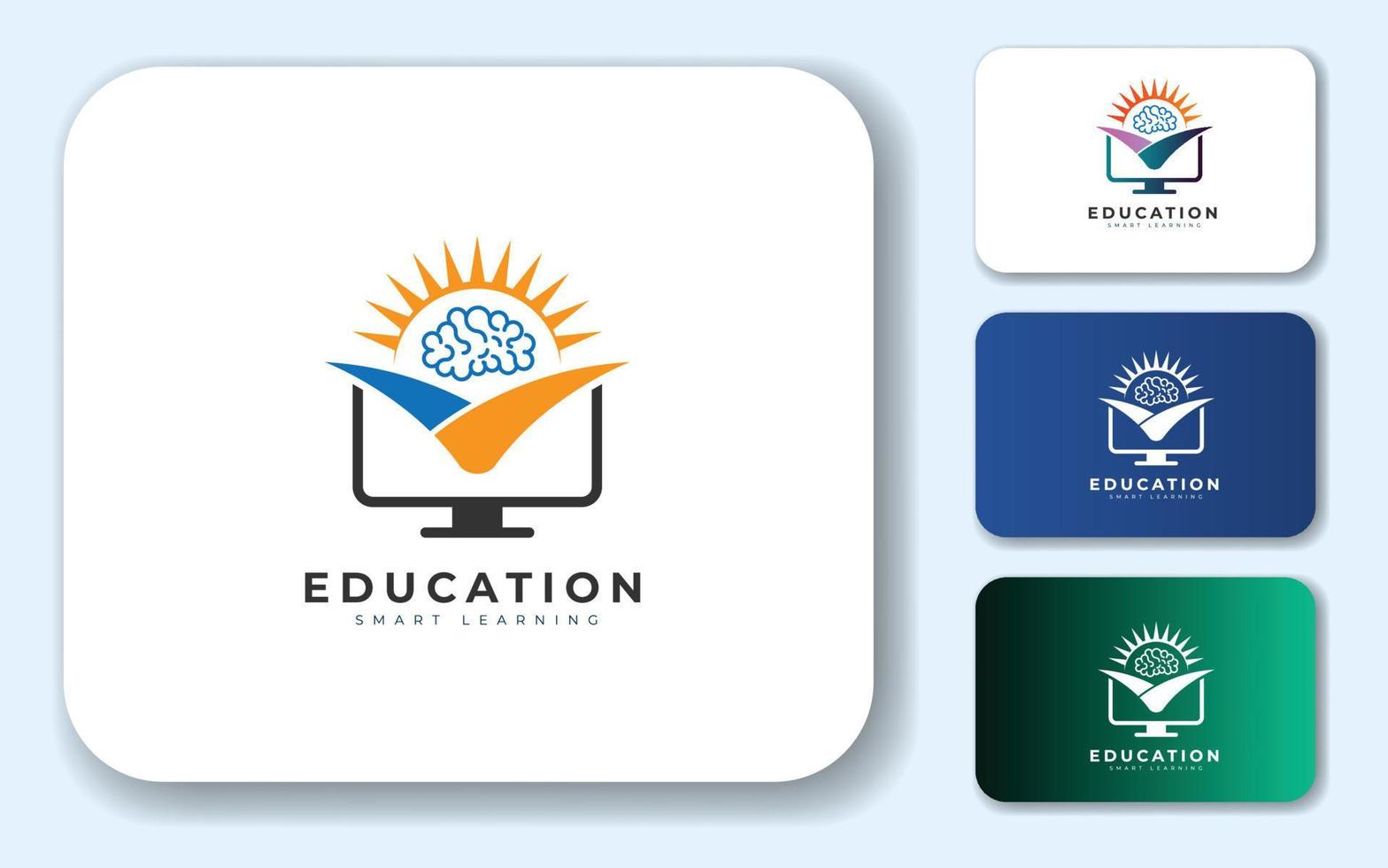 concepto de diseño de logotipo de educación para bombilla, computadora, libros y cerebro humano vector