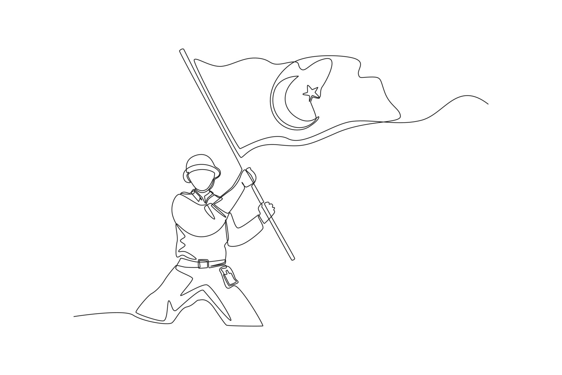 Single one line drawing turkish soldier holding turkey flag. Turkey