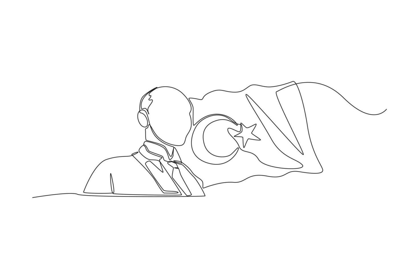 Single one line drawing Mustafa Kemal with turkey fag. Turkey Republic day concept. Continuous line draw design graphic vector illustration.