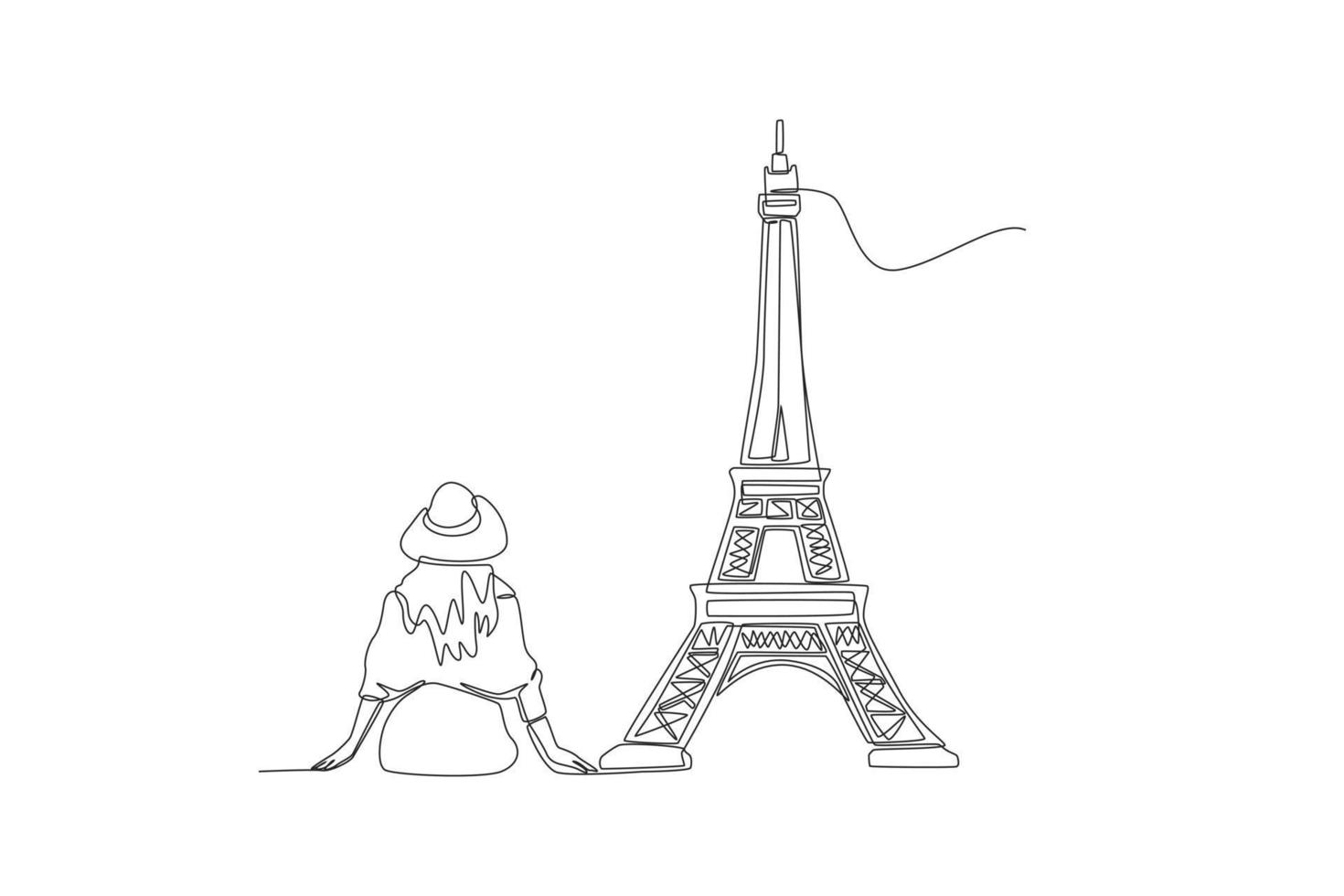 Continuous one line drawing Back view female tourist sitting in front of the Eiffel tower in Paris. Landmark concept.  Single line draw design vector graphic illustration.