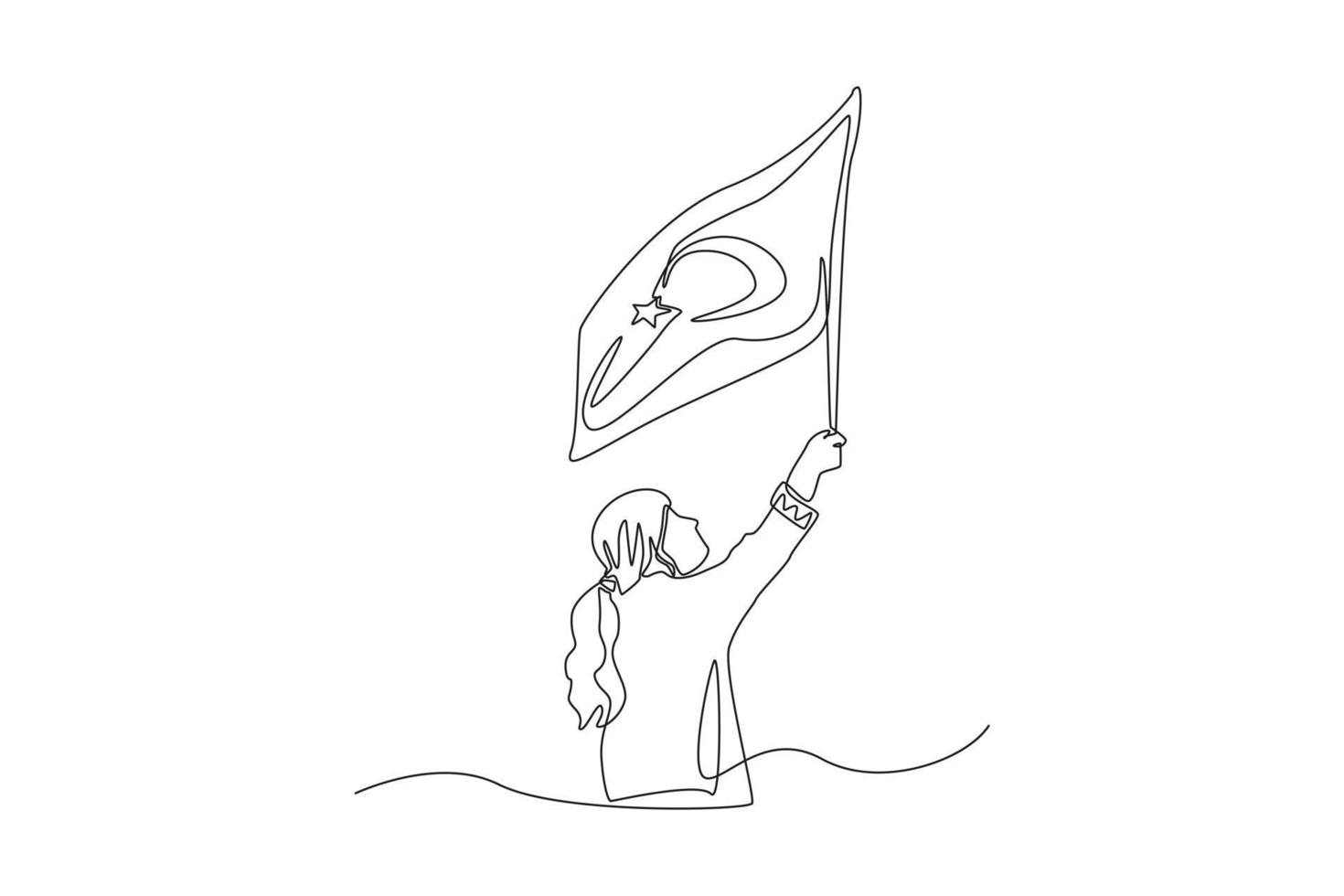 Single one line drawing young girl holding turkey flag. Turkey Republic