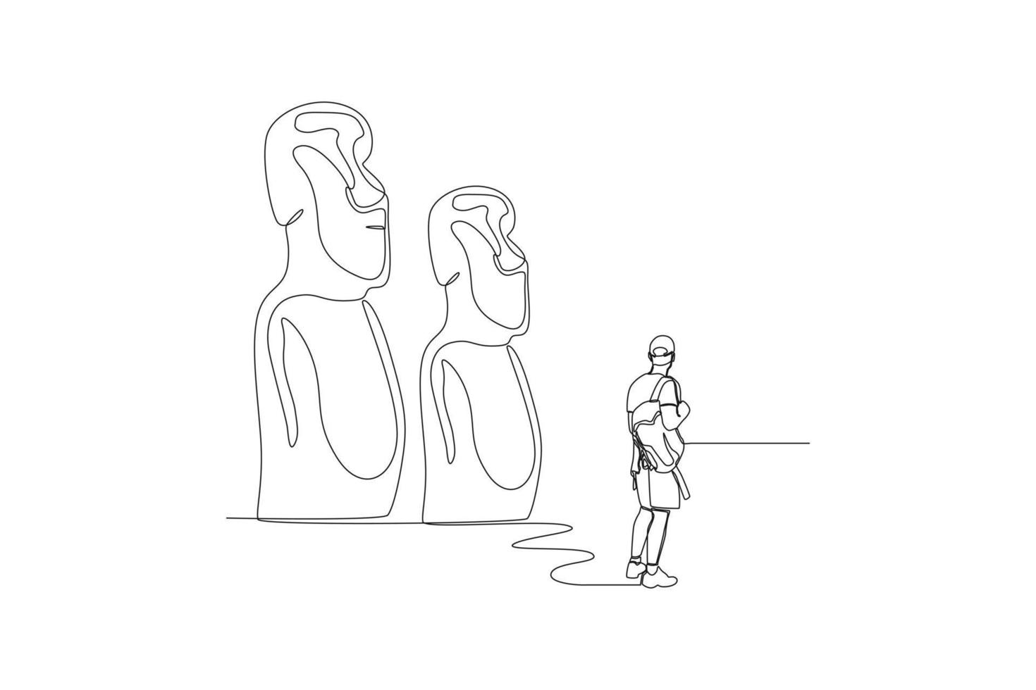 Continuous one line drawing young businessman travel to Moai on Easter Island in Chile. Landmark concept.  Single line draw design vector graphic illustration.