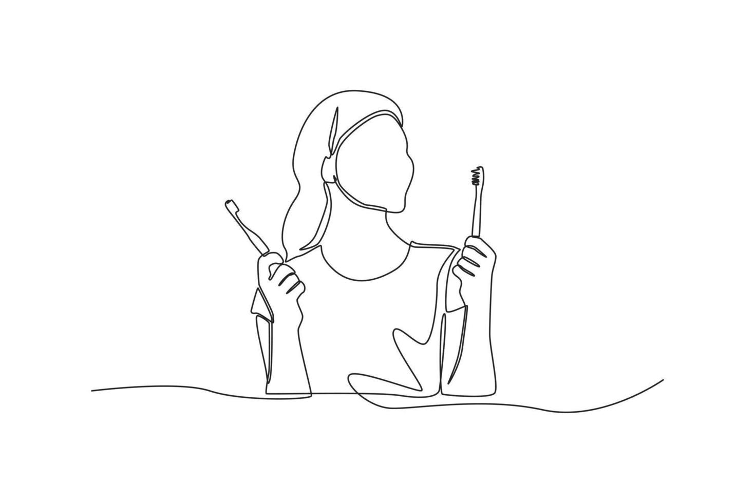 una sola línea dibujando a una niña usando un cepillo de dientes de bambú. concepto de cero residuos. ilustración de vector gráfico de diseño de dibujo de línea continua.