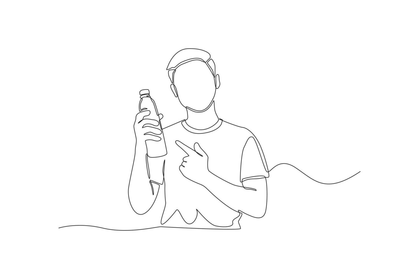 Single one line drawing boy always bring and point finger at water bottle in his hand. Zero waste concept. Continuous line draw design graphic vector illustration.