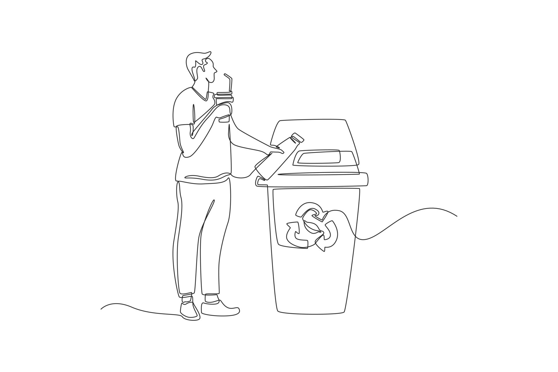 Single one line drawing man throw bottle garbage into recycle rubbish
