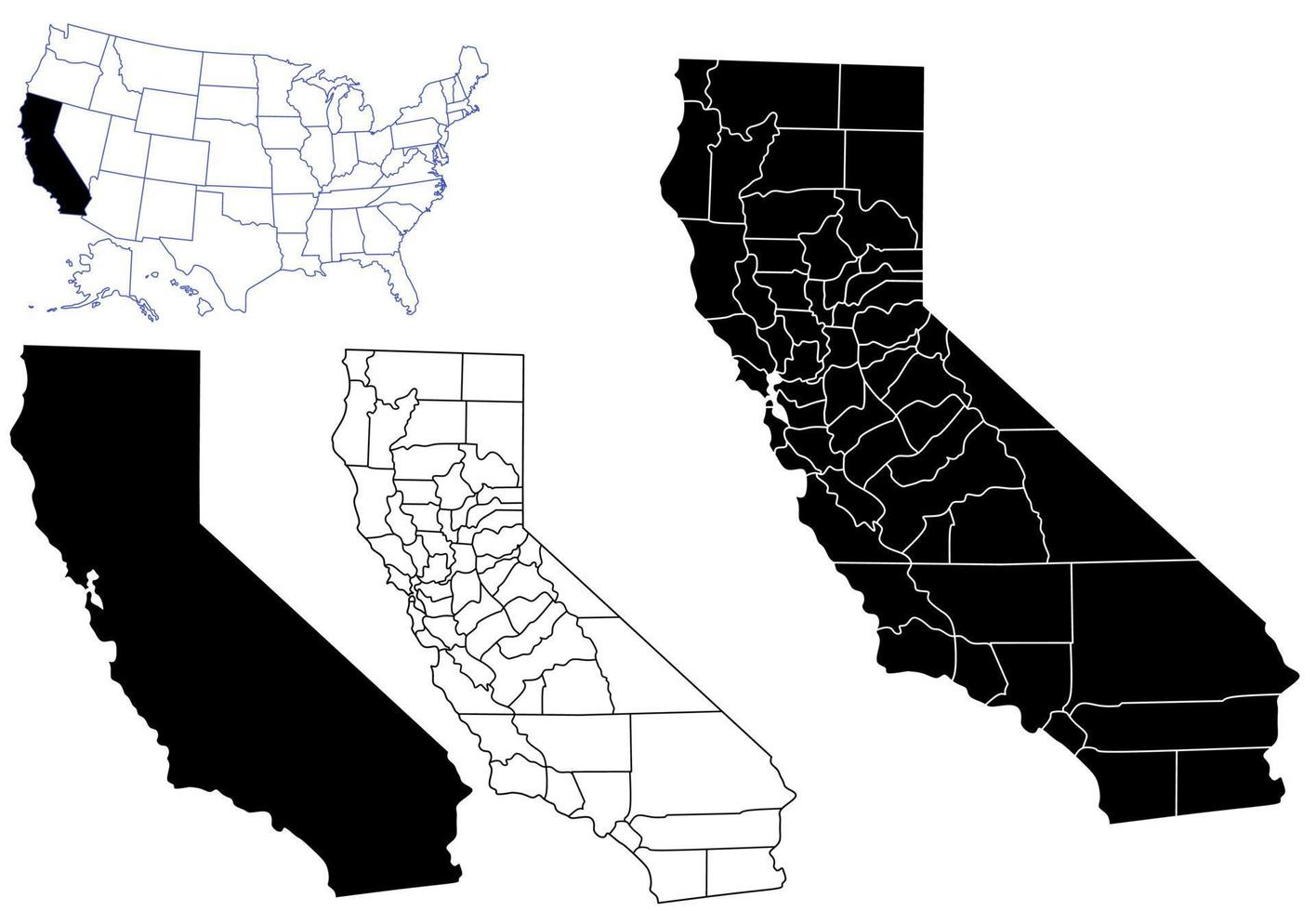 contorno silueta conjunto de mapas de california aislado sobre fondo blanco.mapa de california en el mapa de américa vector