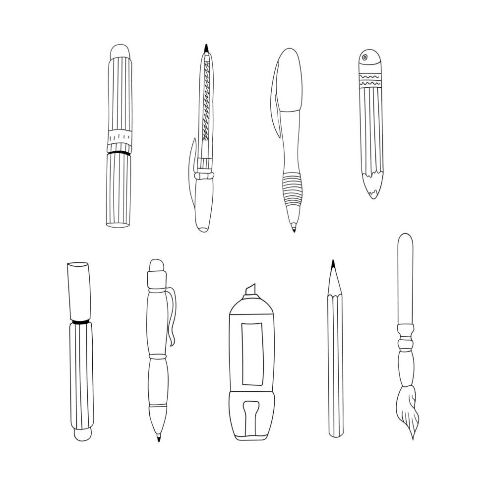 A set of stationery, writing and drawing supplies. Hand Drawn pen, pencil, marker, highlighter, art brush in doodle style. Isolated on white background. vector