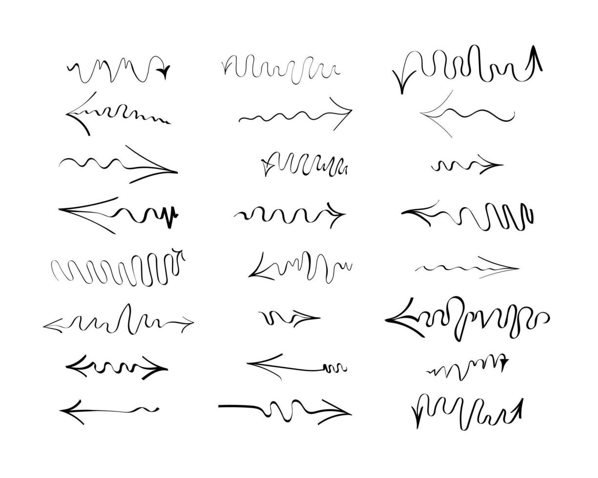 Set of various doodle arrows. Hand drawn swirling, thin, long, wavy, sketchy, twisting, curvy arrows. Isolated on white background vector