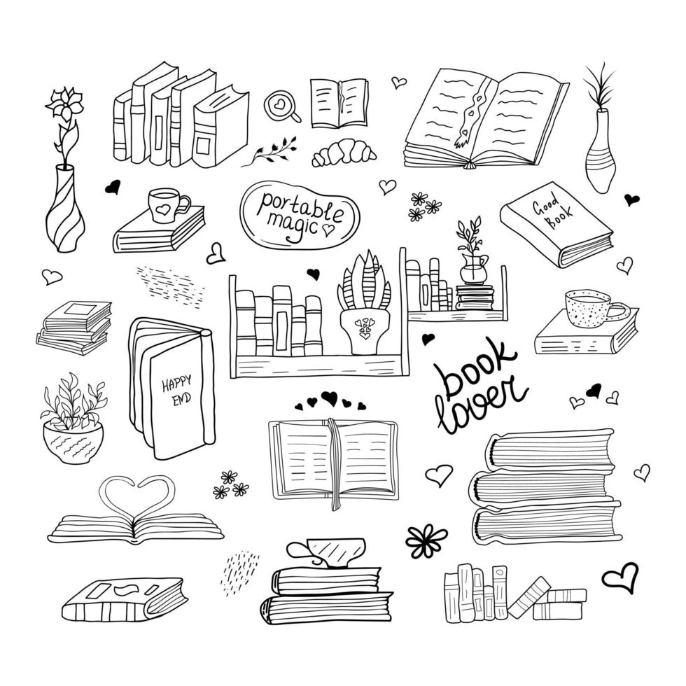 Cute set of various hand drawn books in a cozy environment, bookshelves, lettering, houseplants, potted cacti, mugs of tea and coffee and snacks. Isolated on white background. vector