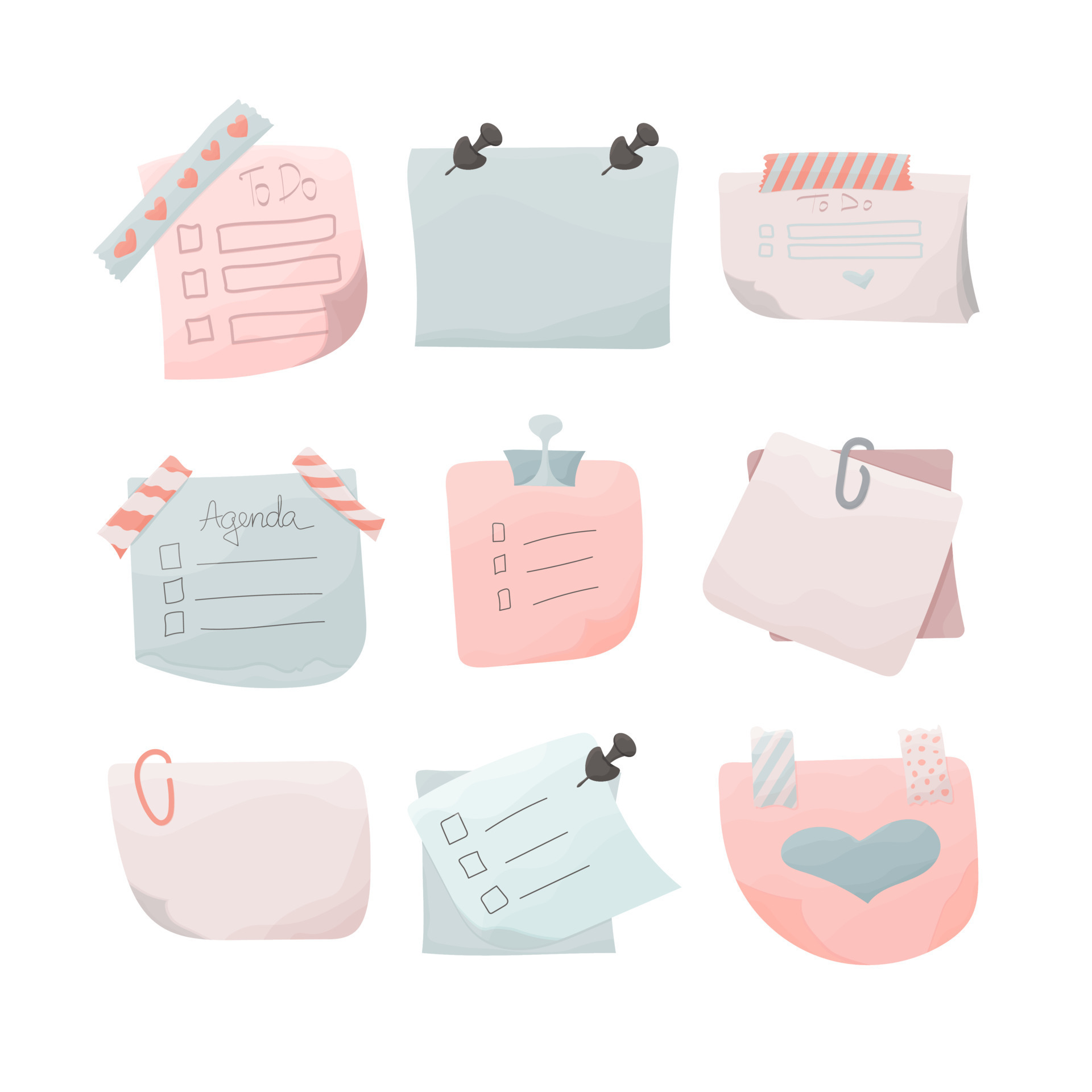 Set of various Sticky notes. Reminders on adhesive tapes with clip
