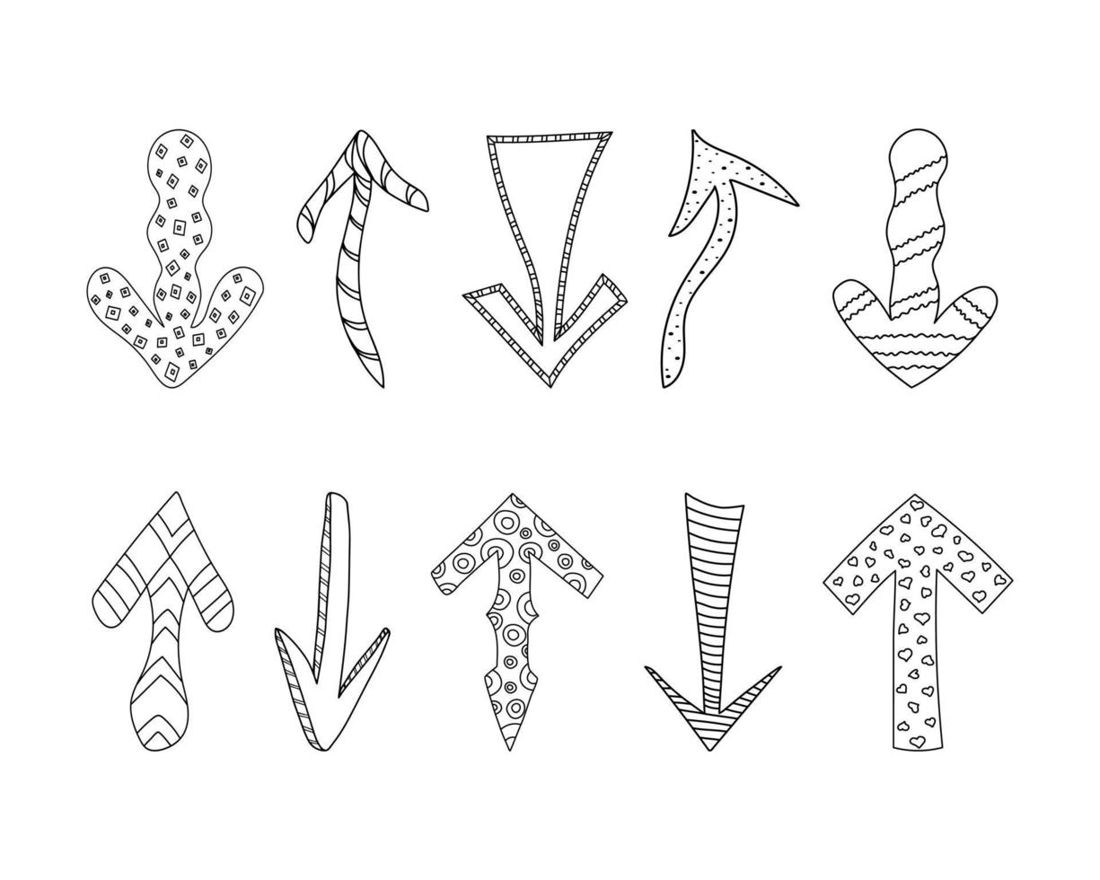 A set of various doodle arrows decorated with circles, squares, dots, lines, hearts and wavy lines. Hand drawn arrow elements for design. Isolated on white background. vector