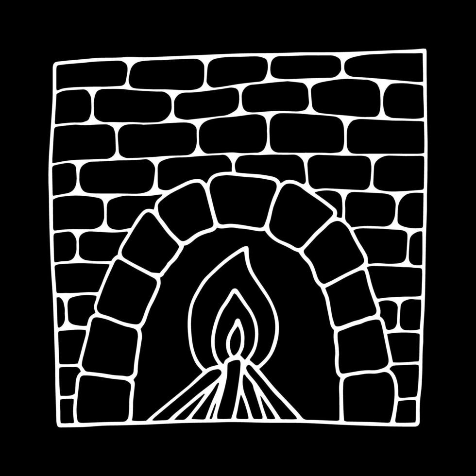 Doodle Christmas fireplace, cozy winter. Hand drawn illustration with black liner in line art style. Creation of design for New Year, winter, Christmas vector