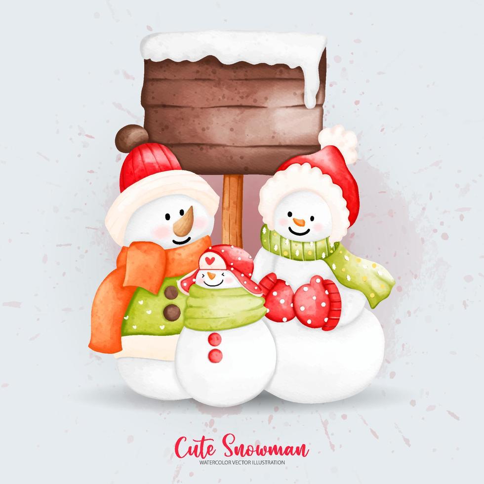 Watercolor Christmas snowman with wood sign. Digital paint watercolor illustration vector