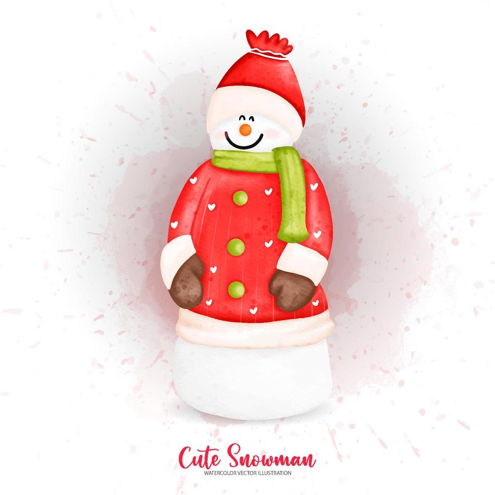 Cute Winter Watercolor Snowman, Watercolor illustration vector