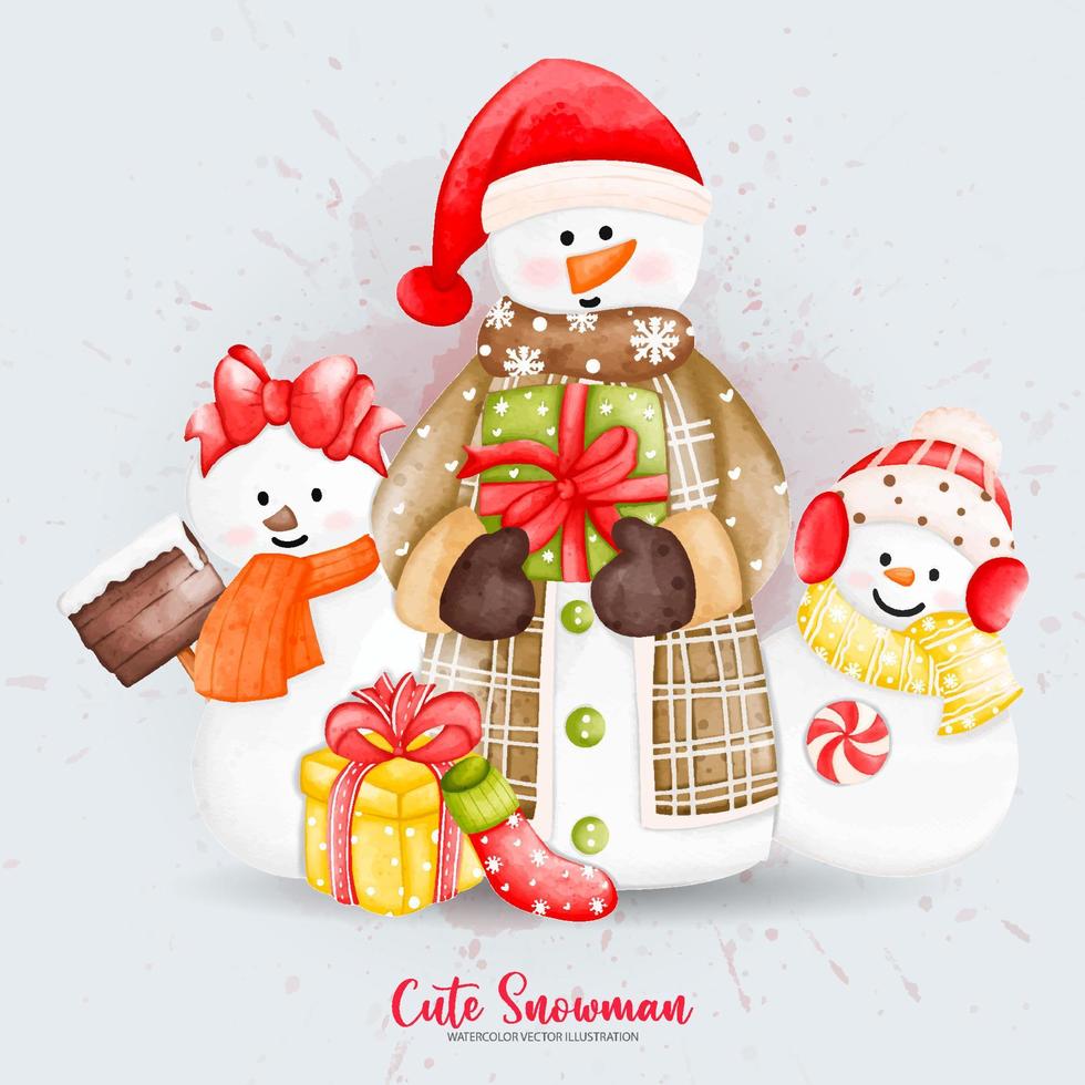 Winter Watercolor Snowman with gift box. Digital paint watercolor illustration vector