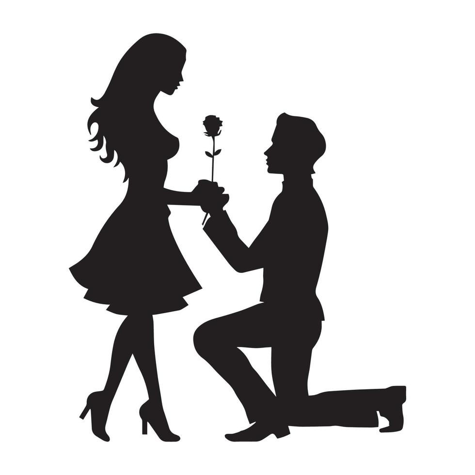 Silhouettes of a man proposing to a woman while standing on one knee ...