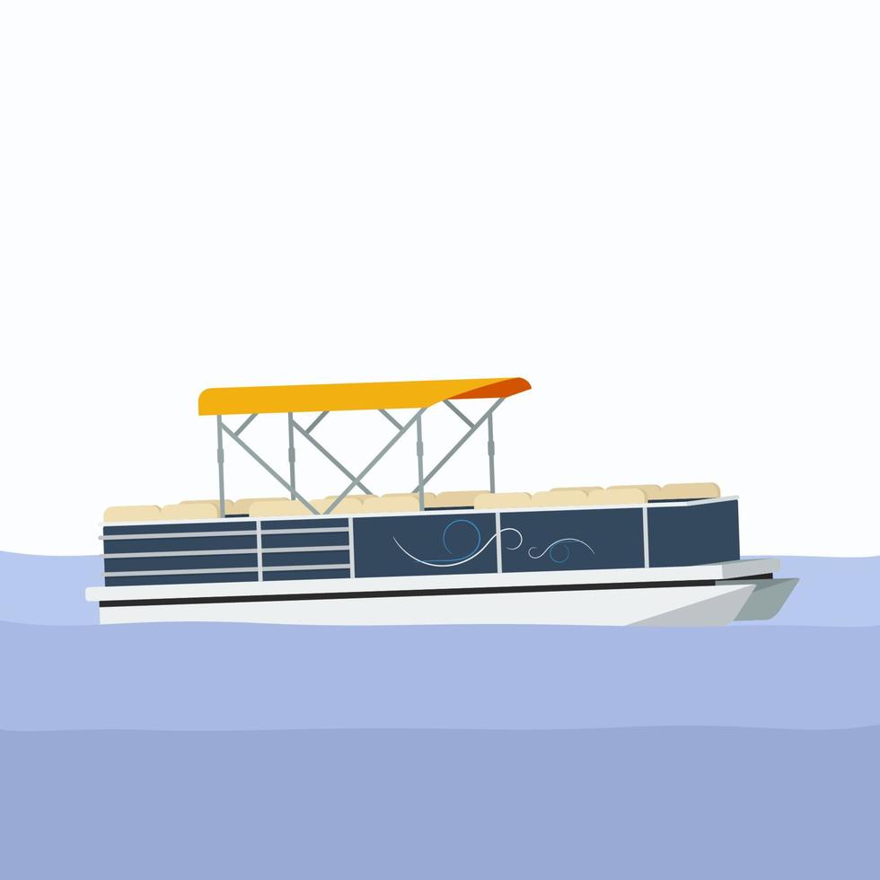 Editable Semi-Oblique Side View Pontoon Boat on Calm Blue Water Vector Illustration for Transportation or Recreation Related Design