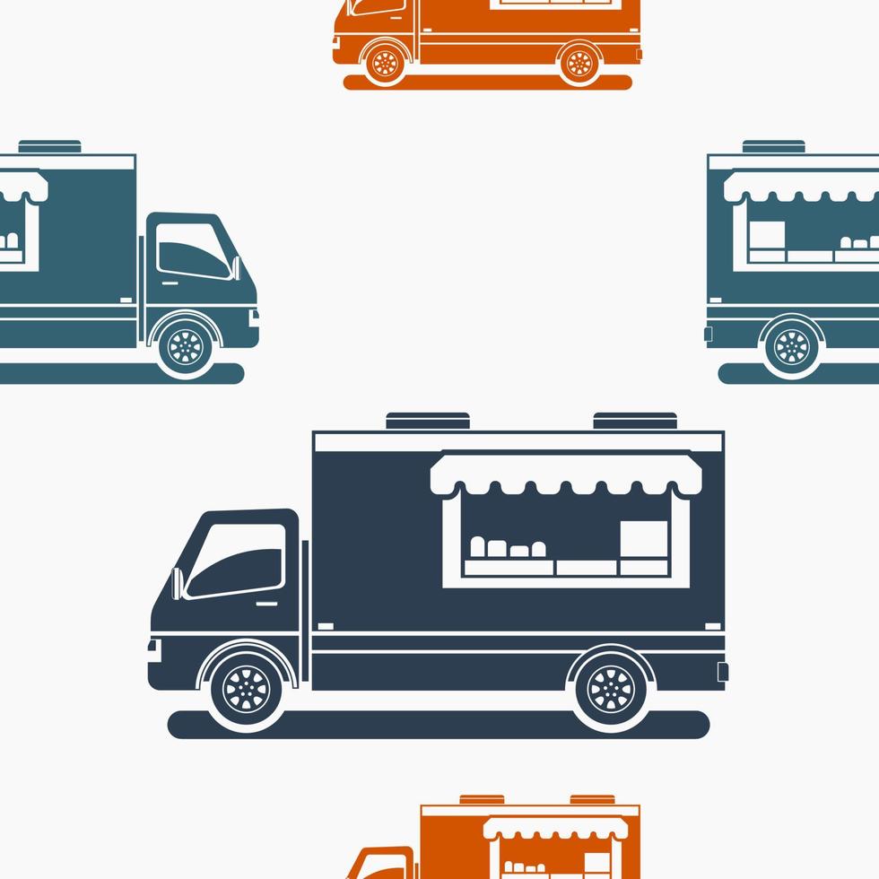 Editable Flat Monochrome Style Mobile Food Truck Vector Illustration in Various Colors as Seamless Pattern for Creating Background of Vehicle or Food and Drink Business Related Design