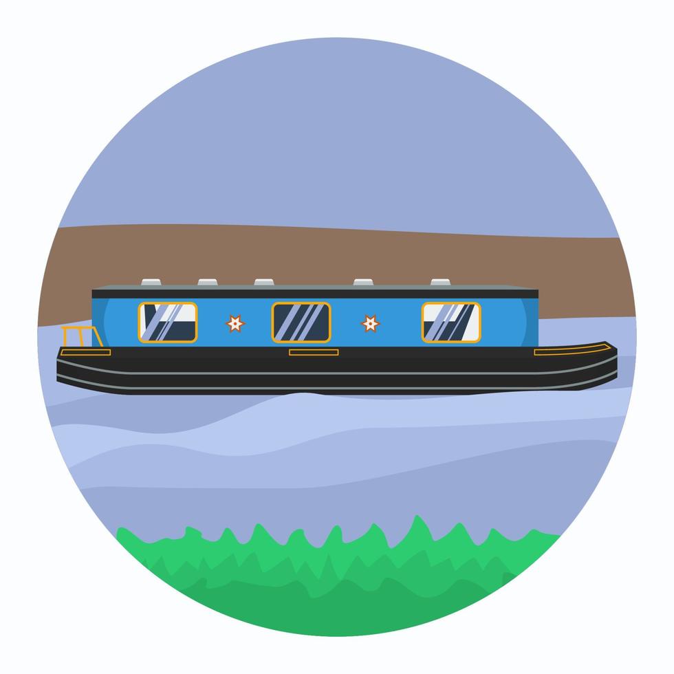 Editable Side View Canal Boat on Wavy Blue Water Vector Illustration with Grass and Land in Circle Frame for Artwork Element of Transportation or Recreation of United Kingdom or Europe Related Design