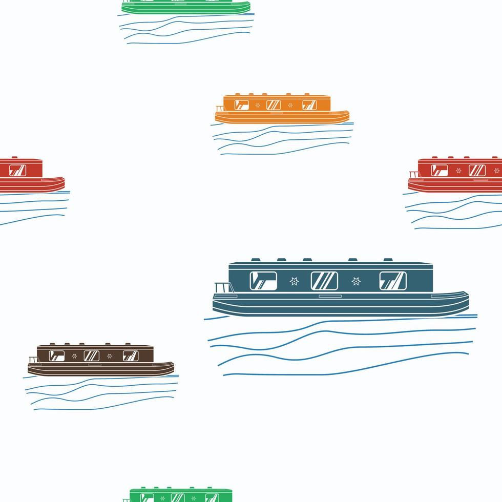 Editable Flat Style Canal Boats Vector Illustration in Various Color as Seamless Pattern for Creating Background of Transportation or Recreation of United Kingdom or Europe Related Design