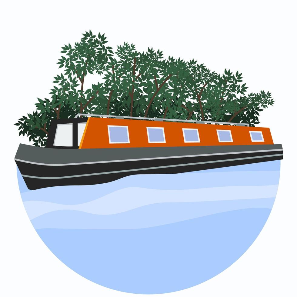 Editable Three-Quarter Oblique View Narrow Boat on Wavy Blue Water in Circle Frame Vector Illustration with Bush Tree for Transportation or Recreation of United Kingdom or Europe Related Design