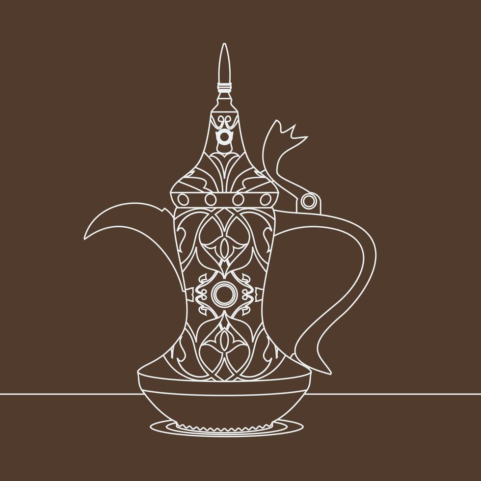 Editable Antique Dallah Arabian Coffee Pot Vector Illustration with Outline Style and Detailed Pattern for Cafe and Middle Eastern Culture and Tradition Related Design