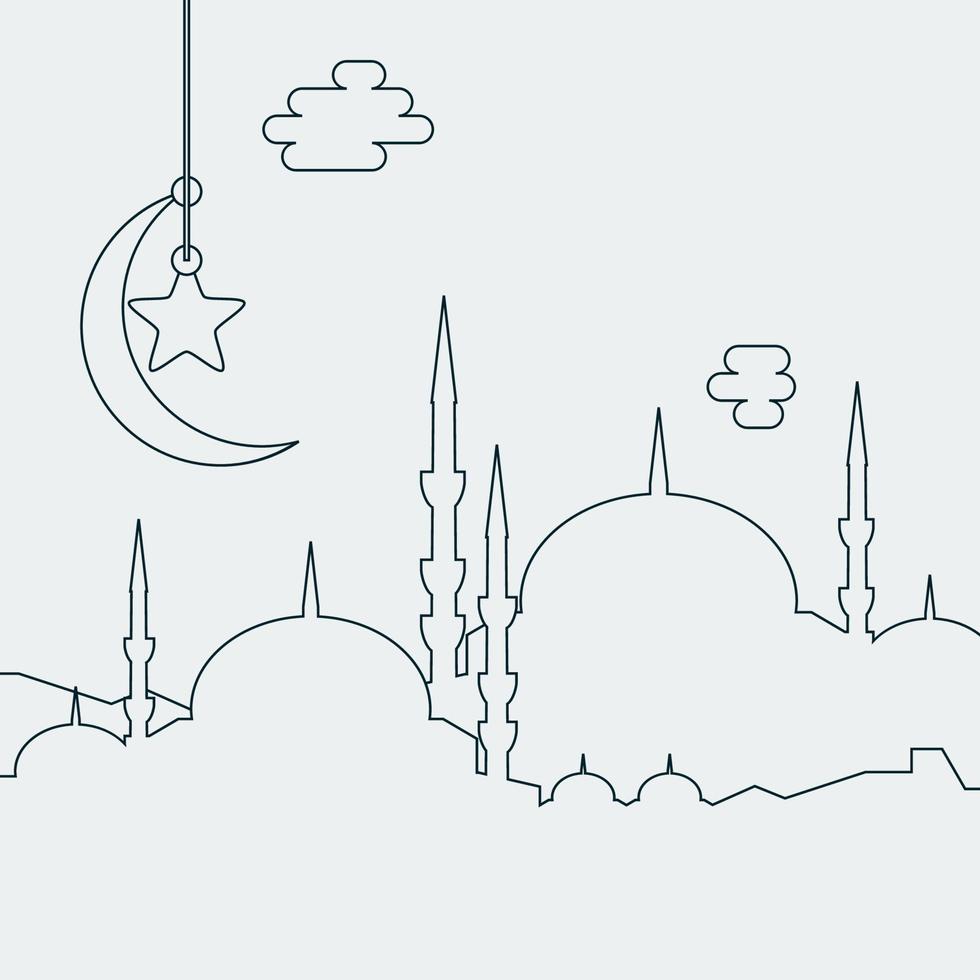 ilustración de vector de silueta de mezquita turca editable con media luna colgante y símbolo de estrella en estilo de esquema para el fondo de texto del año nuevo hijri y otros momentos religiosos islámicos