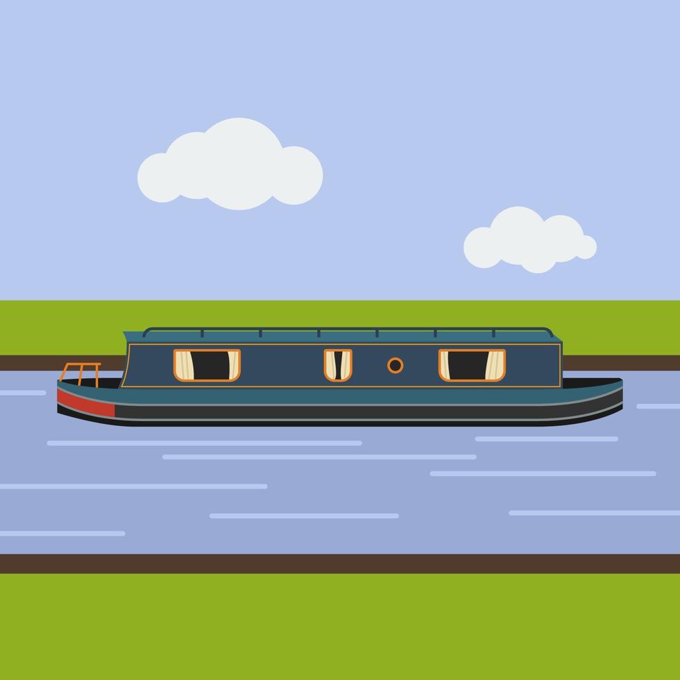 Editable Side View Typical Narrow Boat on Canal Vector Illustration in Flat Style for Transportation or Recreation of United Kingdom or Europe Related Design