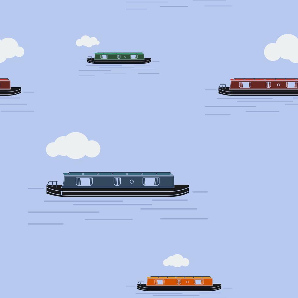 Editable Side View Narrow Boat Vector Illustration in Various Colors with Cloudy Sky Seamless Pattern for Creating Background of Transportation or Recreation of United Kingdom or Europe Related Design