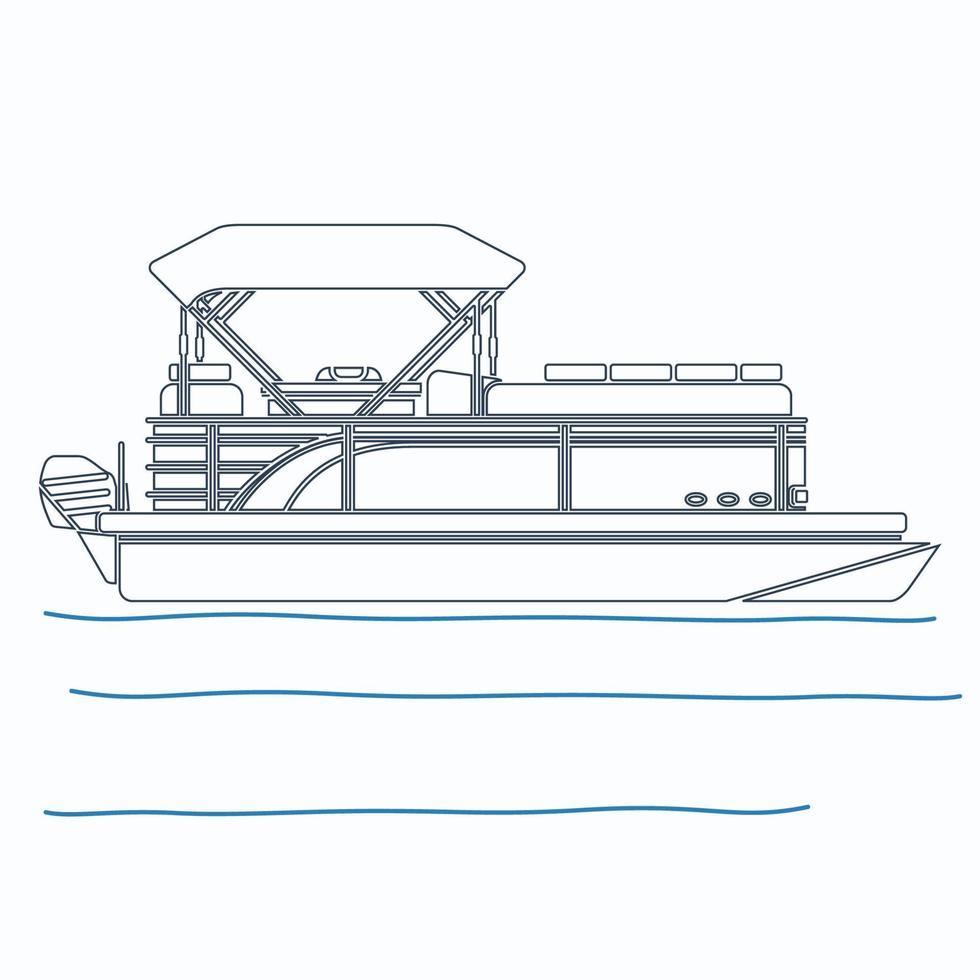 Editable Side View Pontoon Boat on Calm Water Vector Illustration in Outline Style for Transportation or Recreation Related Design