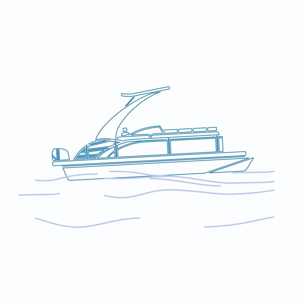 Editable Side View Sport Arch Pontoon Boat on Wavy Water Vector Illustration in Outline Style for Transportation or Recreation Related Design
