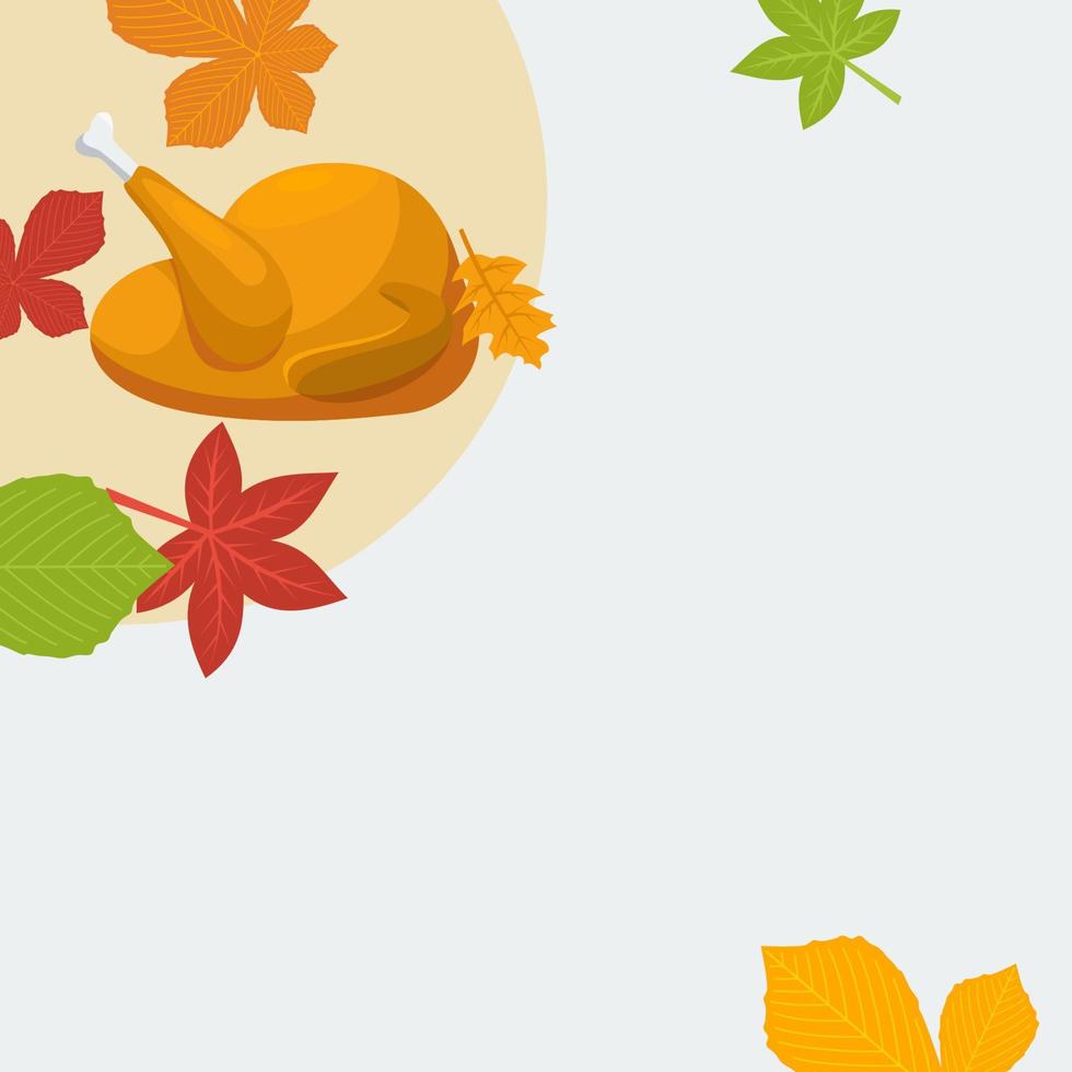 Editable Roasted Turkey and Various Bright Colors Autumn Leaves Vector Illustration for Text Background of Autumn and Thanksgiving Day