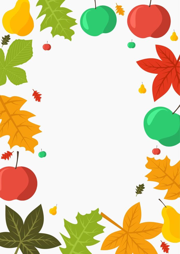 Editable Vector Background with Bright Colored Various Fruits and Autumn Leaves Illustration for Thanksgiving Day