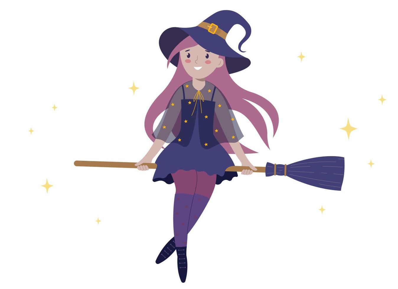 Halloween. Little witch flying on broomstick vector