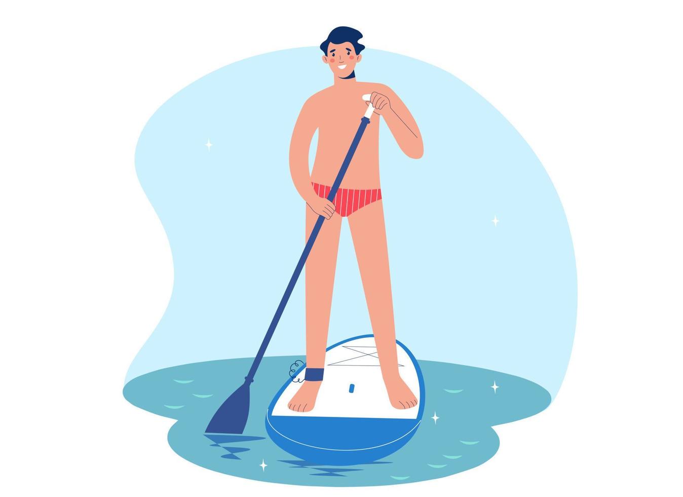 Standing man is paddling with paddle board on water. Man in water on sup board. SUP surfing concept vector