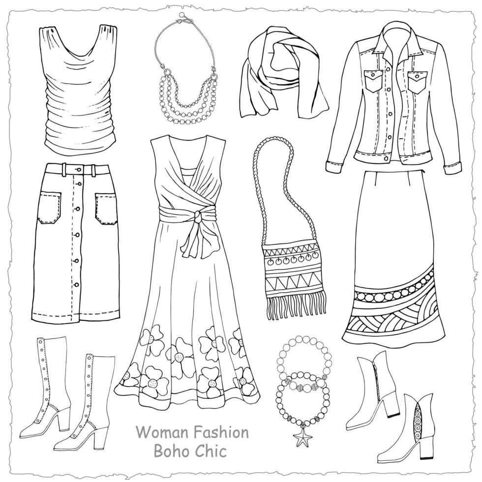 Fashion. Set of women's clothing dress, skirt, jacket, shoes, jewelry. Hand-drawn vector