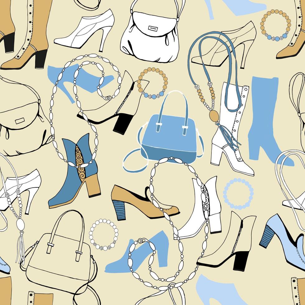 Fashion. Seamless pattern bag, shoes, boots, jewelry. vector