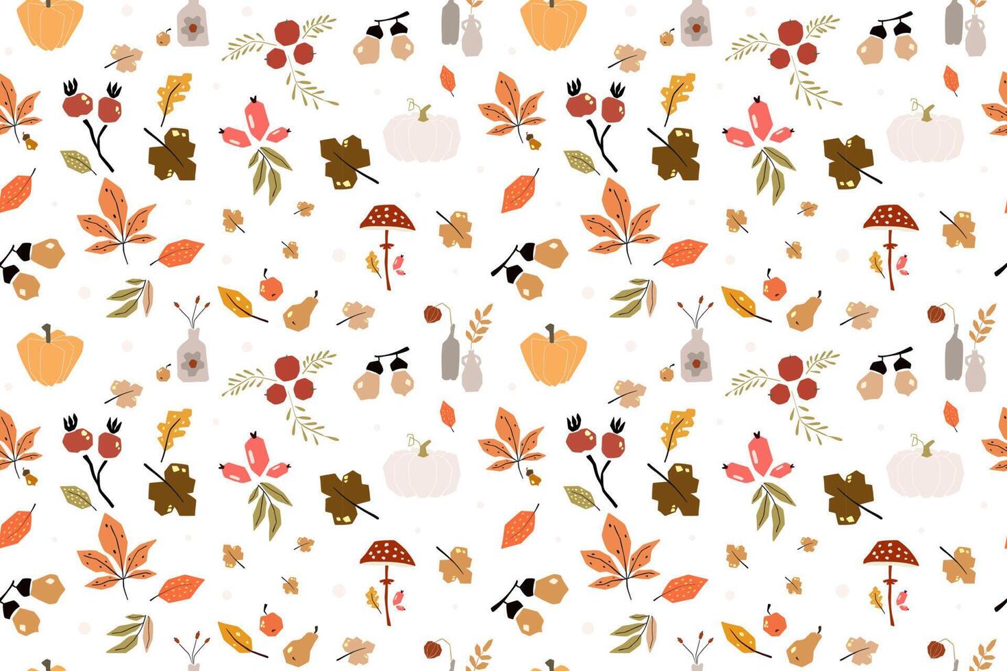 Seamless pattern with acorns and autumn oak leaves in Orange, Beige, Brown and Yellow. Perfect for wallpaper, gift paper, pattern fills, web page background, autumn greeting cards. vector