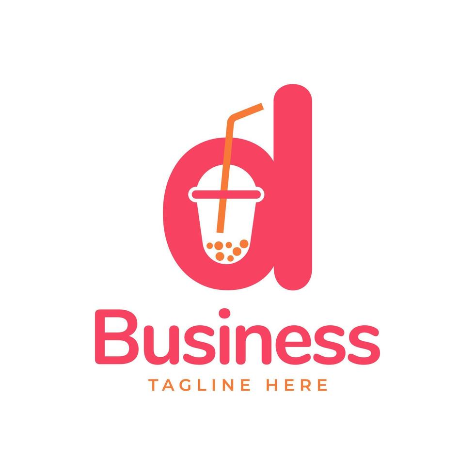 Simple initial D with flat bubble tea milk icon vector logo