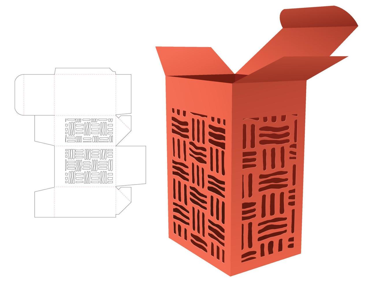Box with 2 stenciled striped windows die cut template and 3D mockup vector