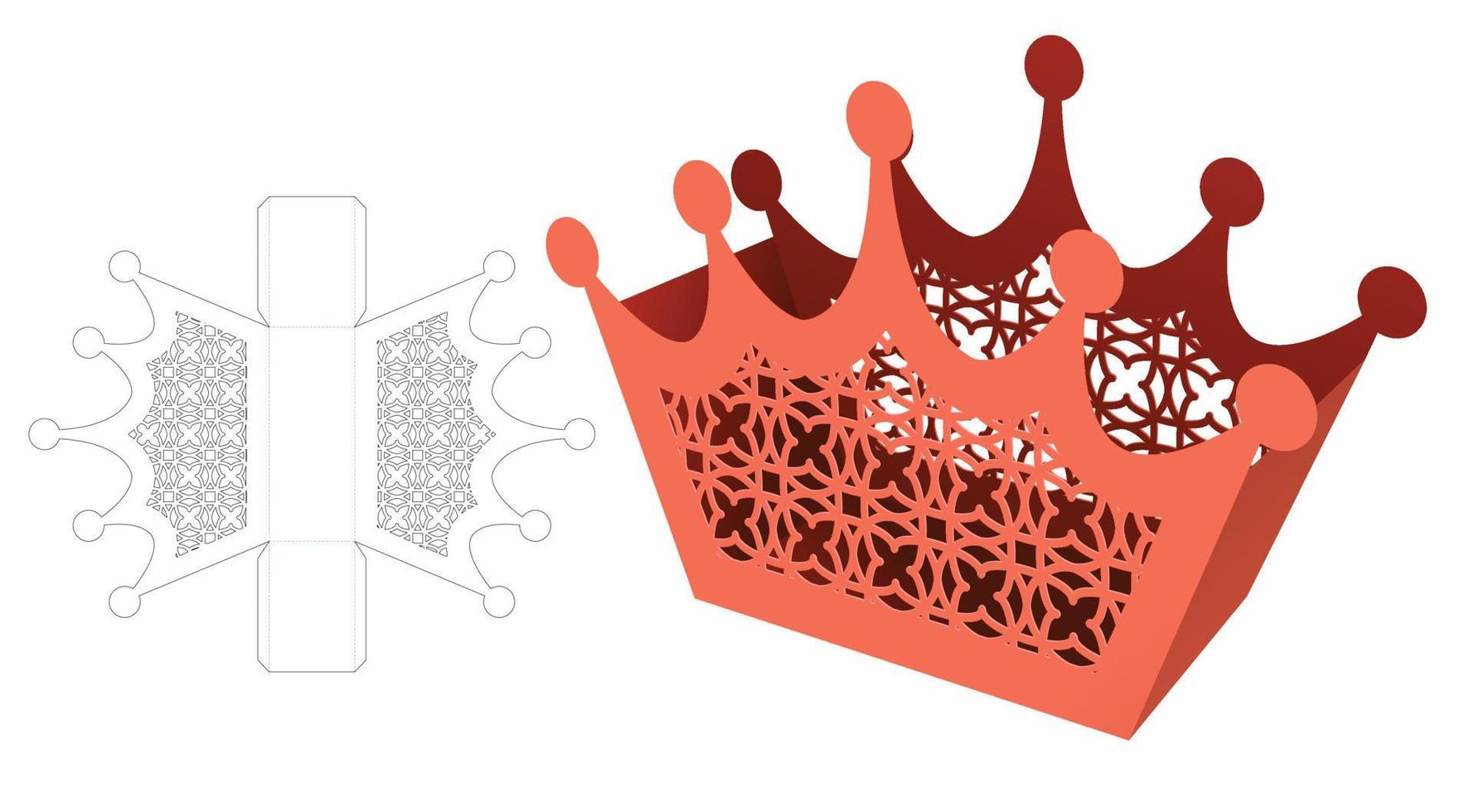 Crown shaped container box with stenciled pattern die cut template and 3D mockup vector