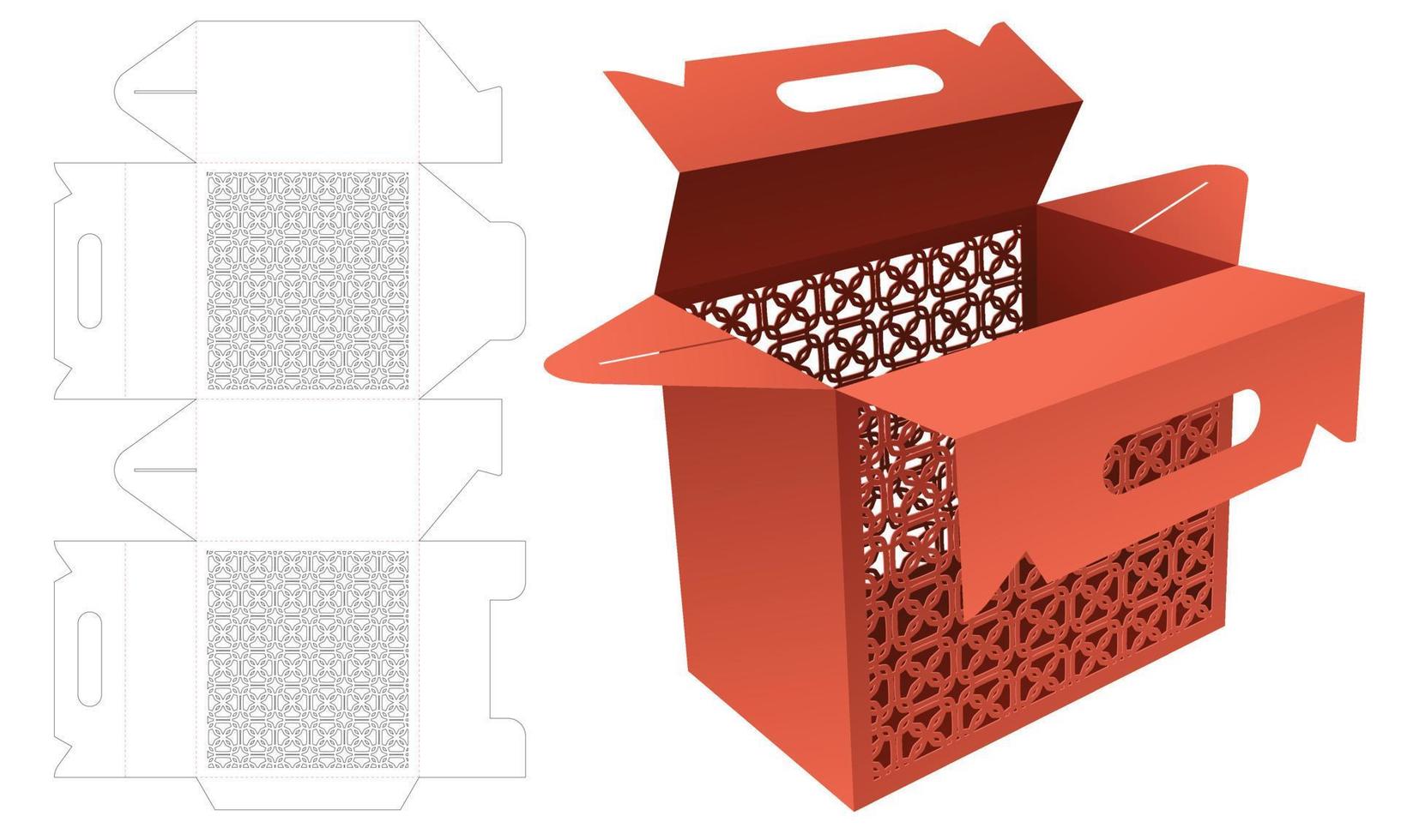 Handle box with stenciled luxury pattern die cut template and 3D mockup vector