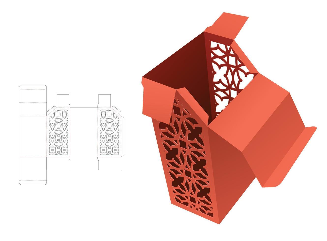 Stenciled luxury chamfered box die cut template and 3D mockup vector