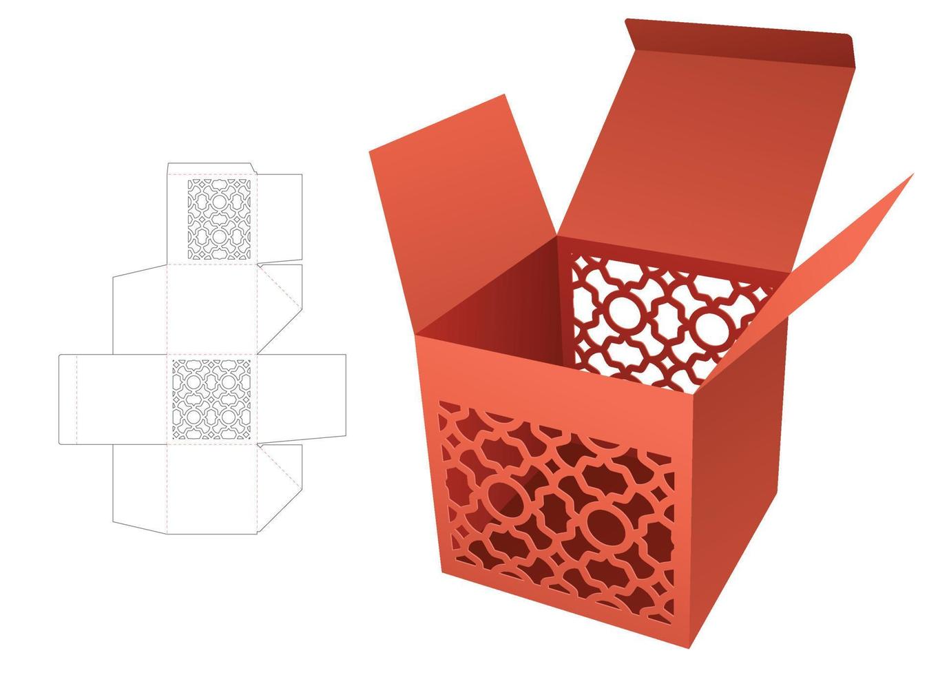 Stenciled luxury square box die cut template and 3D mockup vector