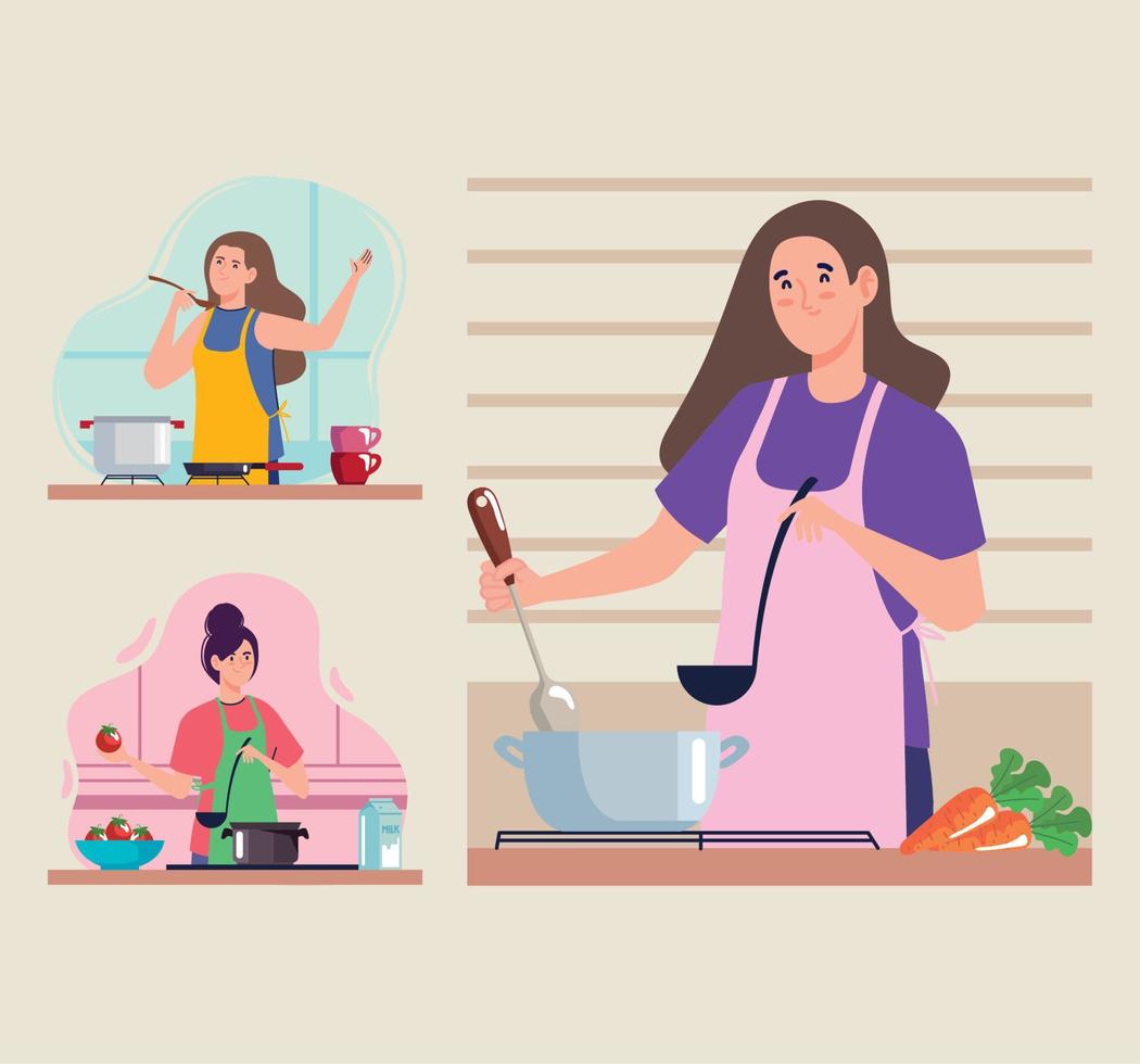 three girls cooking in kitchen vector