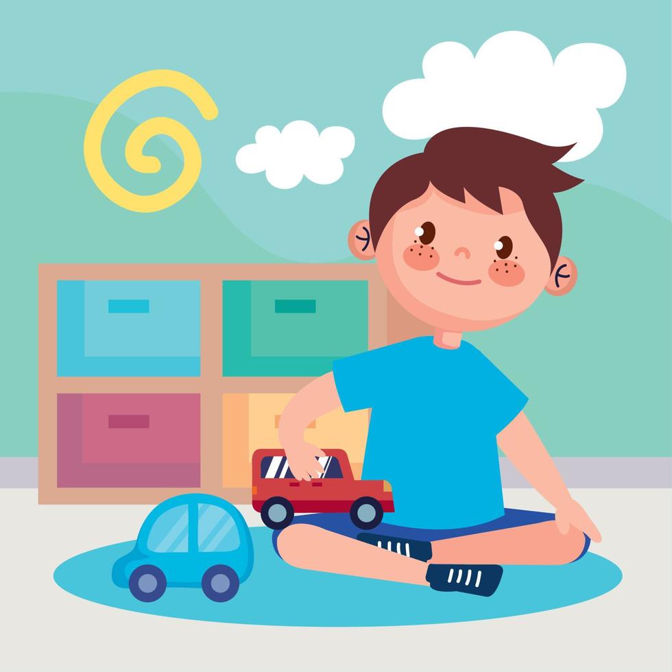 little boy playing with cars vector