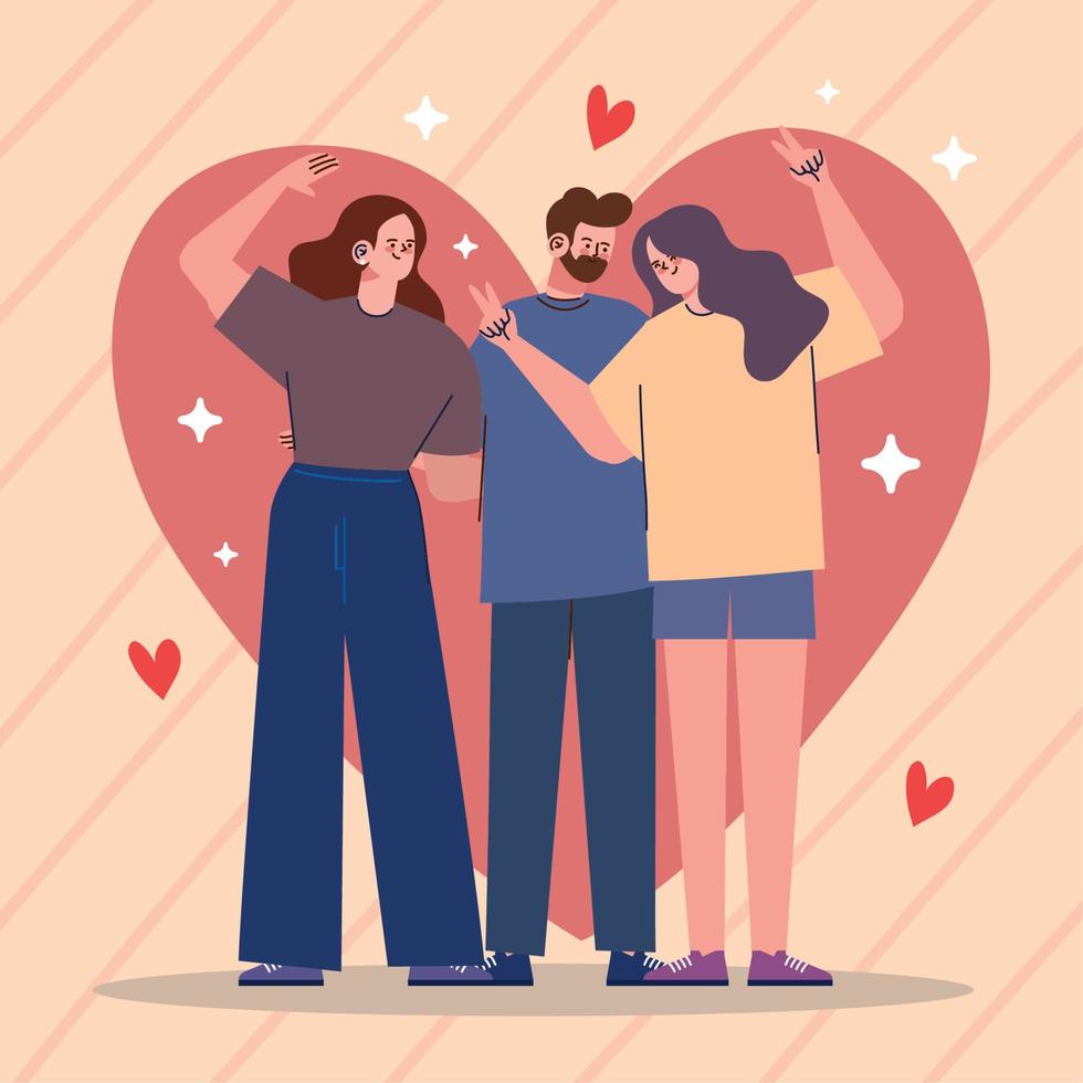 tres jóvenes amigos con corazones vector