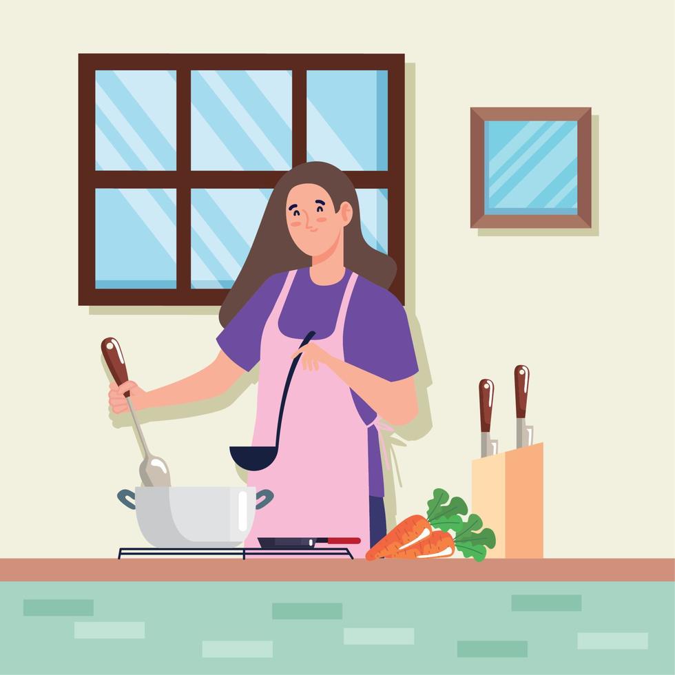 mujer cocinando con zanahorias vector